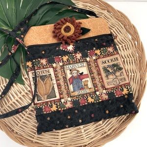 Fall Harvest Folk art handmade Festival craft fabric show bag with flower zipper